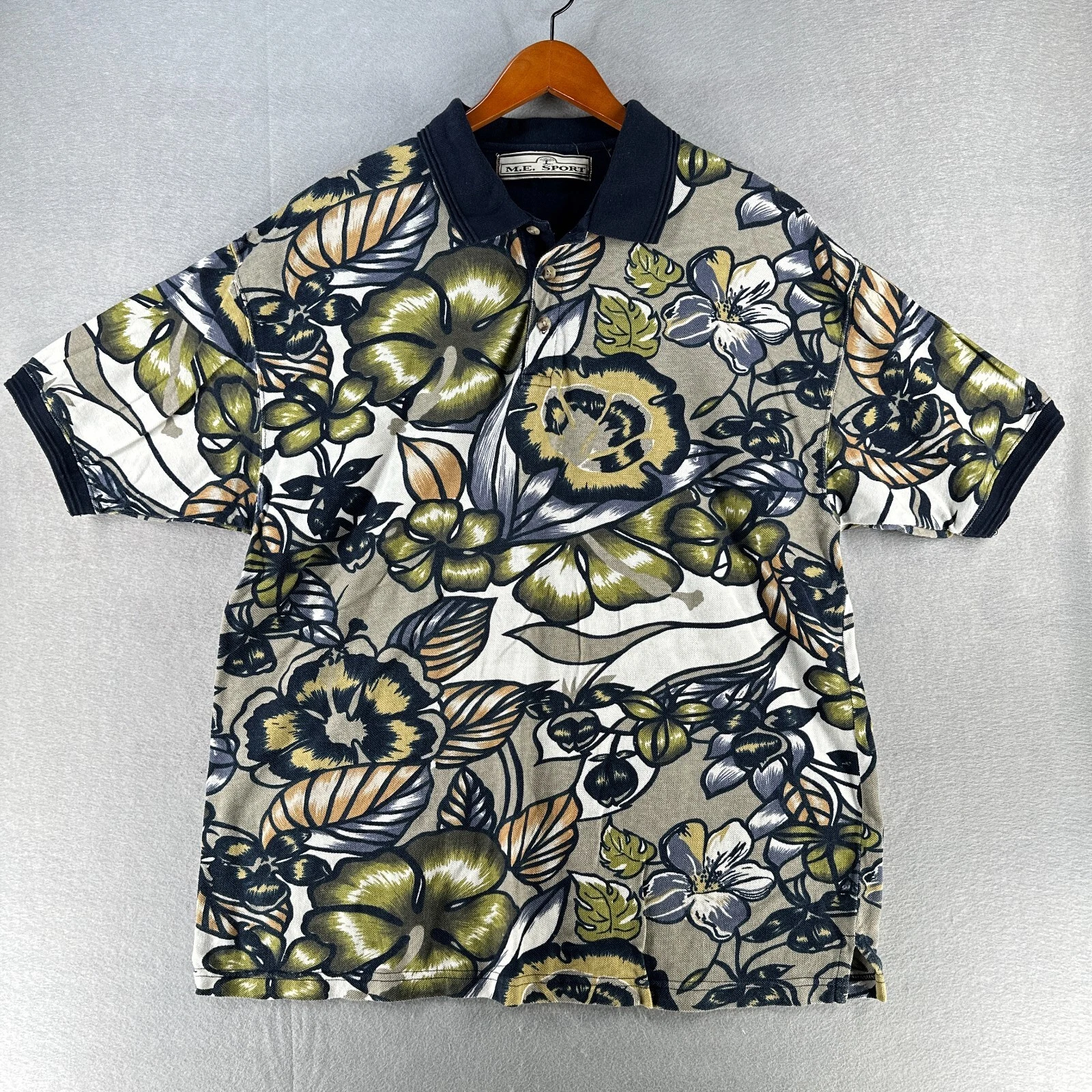 ME Sport Mens Hawaiian Polo Shirt 2XL Blue Vintage Aloha Floral Short Sleeve Kni