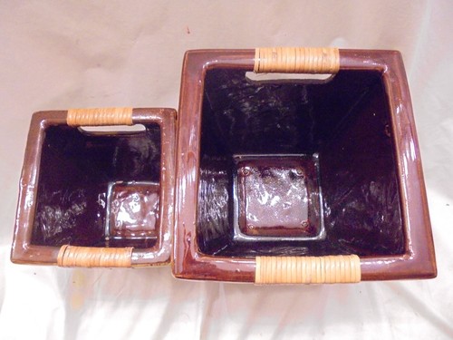 Set of 2 Square Stoneware Decorative PLANT POTS , heavy duty olive color - Picture 14 of 15