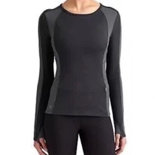 Athleta Spotlight Long Sleeve Active Top Size XS Black Gray Colorblock Pinstripe