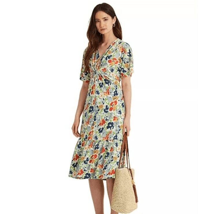 Lauren Ralph Lauren Women's Twist Front V Neck Floral Linen Blend Jersey Dress L