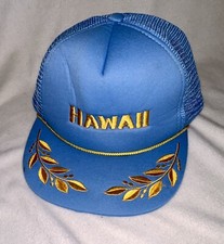 Vintage 80s HAWAII HAWAIIAN TRUCKER MESH SNAPBACK HAT CAP Embroidered Blue