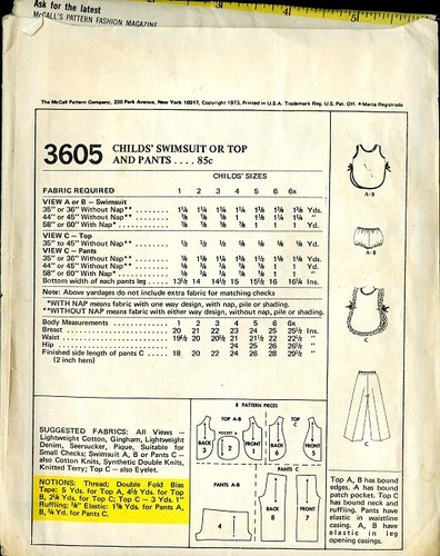 1973 McCall's Pattern 3605 Toddlers' Swimsuit and Panties or Top & Pants Size 1 - Picture 2 of 2