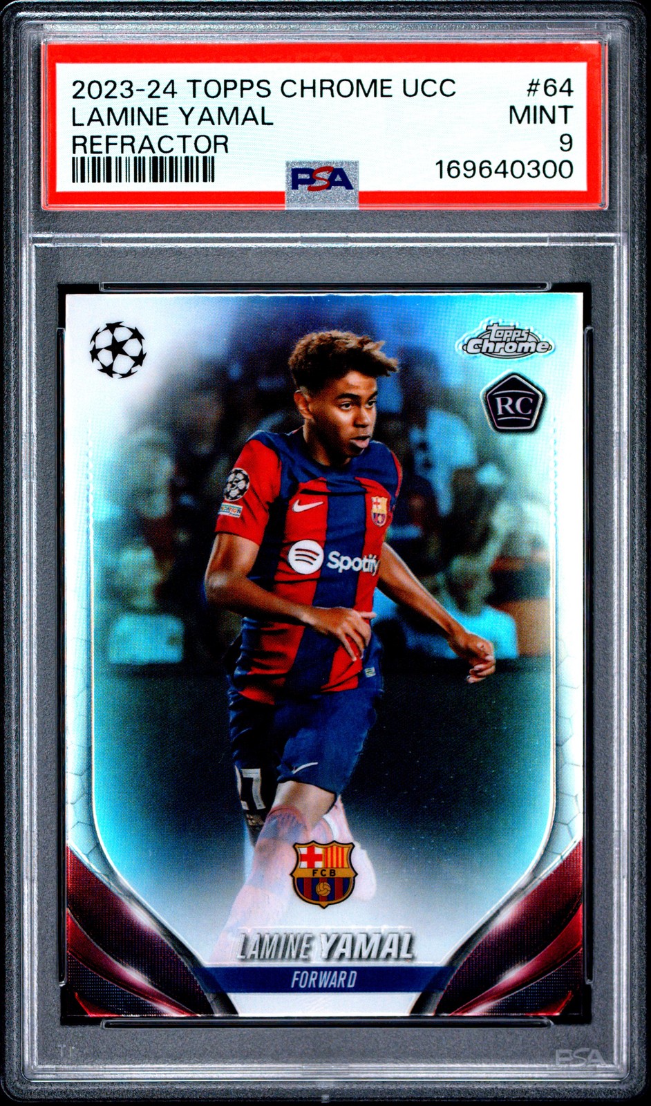 2023-24 TOPPS CHROME UCC REFRACTOR #64 LAMINE YAMAL ROOKIE RC PSA 9