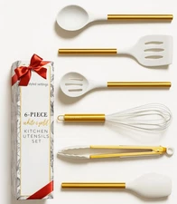 White and Gold Kitchen Utensils Set – 6-Piece Silicone Cooking Utensils with ...