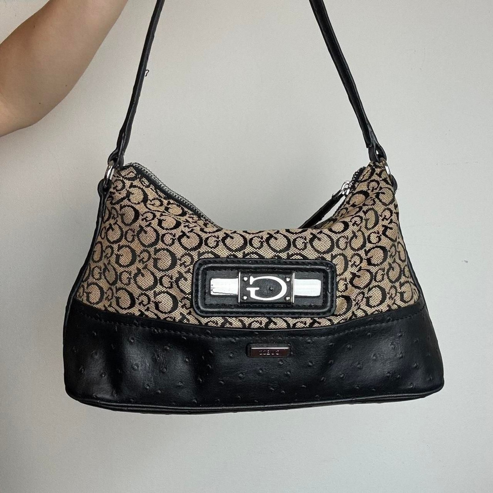 Guess vintage y2k black and brown signature canvas and leather shoulder bag
