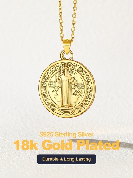 Alternate view of 925 Silver Benedict Medal Necklace 18k Gold Plated Lucky Amulet
