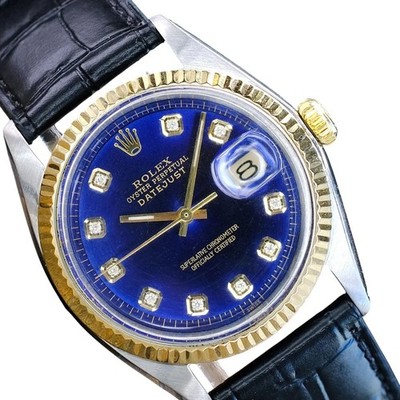 Rolex Datejust Two-Tone Blue Diamond Dial Black Leather Band 36mm Watch