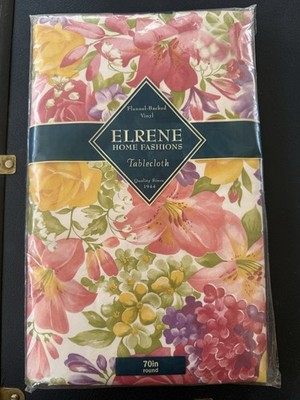 Vintage NOS Vinyl Tablecloth Floral Flannel Back 70  Round Colorful Spring