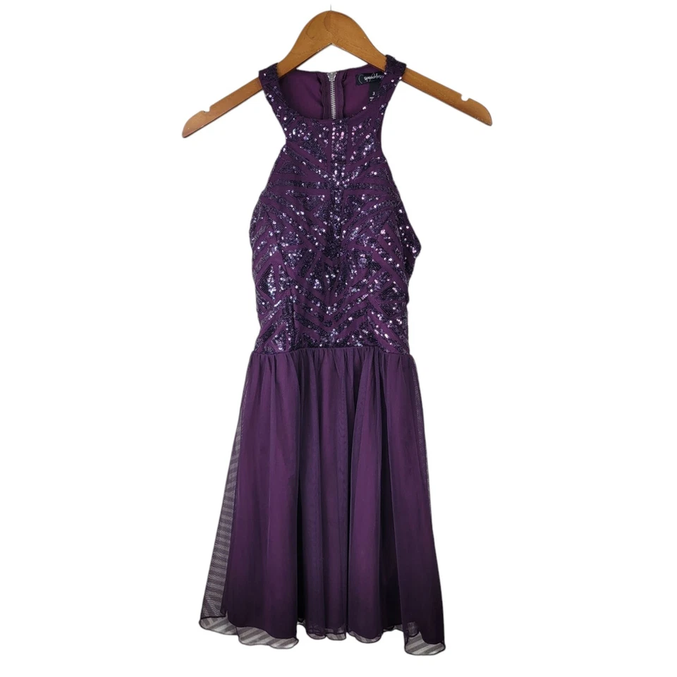 Speechless Sequin Dress Juniors Size 3 party Prom Layered mesh Purple Mini - Image 2 of 4