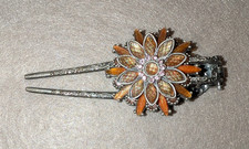 Vintage Floral Metal Hair Barrette Clip for Women, Silver Tone, Orange Accents