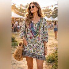 NLW Boho Floral Mini Dress Tunic Small Colorful Peasant Festival Tassel Beachy