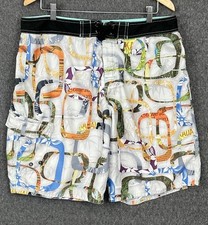OP Men's Swim Shorts 36 White Geometric Tie Waist Hook Loop Logo