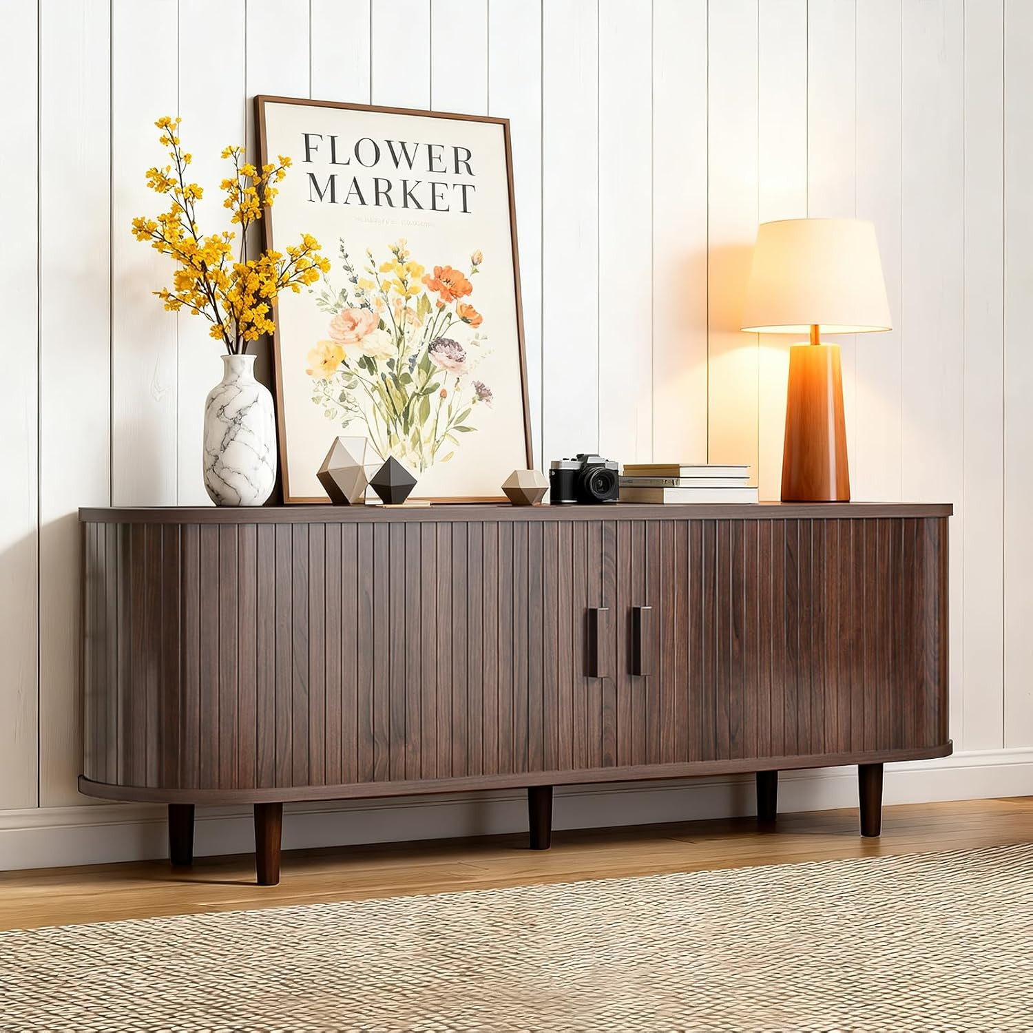 Mid-Century Modern 58" TV Console with Sliding Doors & Power Outlet