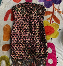 Fashion Nova Strapless Sequin Fringe Hem Bodycon Mini Dress Sz xs/xxs
