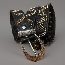 Vintage 90  s Sand Castle Black Leather  Studded Grommet Belt Size S-L