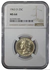 NGC 1963 D Washington Silver Quarter 25c US American Coin MS 64 Denver Mint