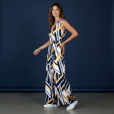 Patrizia Pepe Wide Leg Jumpsuit Women's 4 Navy Geometric Print Palazzo V Neck