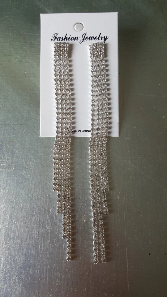 Strass Ohrringe silber glitzernd lang Hochzeit Quaste vier Reihen - Bild 3 von 4