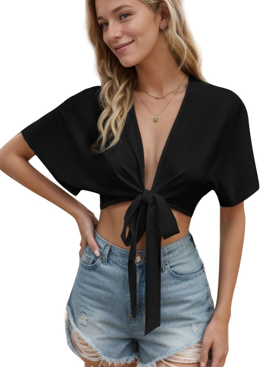 Women's Short Sleeve Tie Front Cropped Cardigan