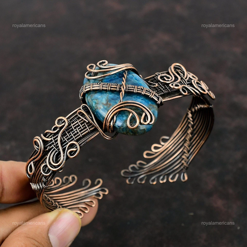 Brazalete Brazalete Cobre Neón Apatita Piedras Preciosas Envoltura Artesanal Boho Esposa Foto 3 de 4