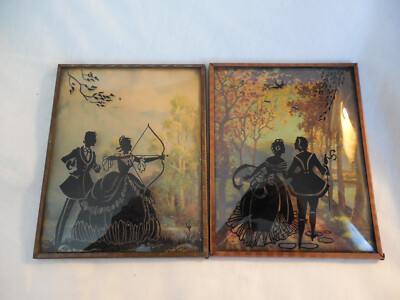 Vintage reverse painting silhouette couple  set of two convex glass 4'' x 5''****