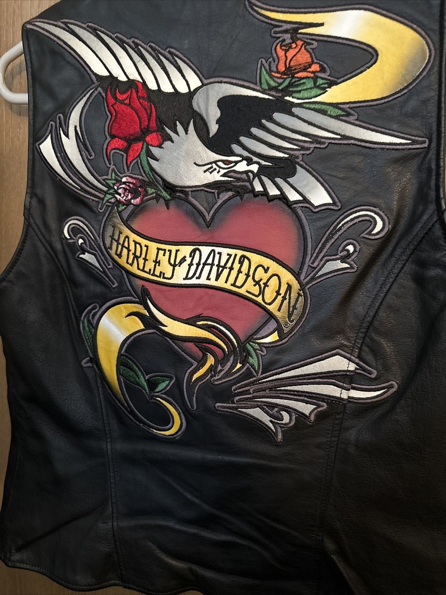 Harley Davidson CRIMSON HEART Embroidered Black Leather Vest Size 