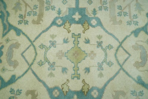 HandKnotted 6X9 Ivory and Teal Oushak design wool area rug-DD/CP2312 - Picture 7 of 10