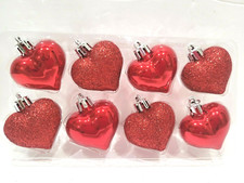 8pc Valentine's Red Glitter Plastic Hearts Tree Ornaments Decor 1.75"