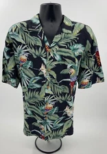Paradise Found Hawaiian Shirt Men's XL Green Black Parrots Rayon Vintage Magnum