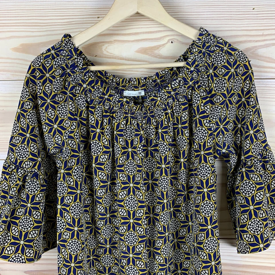 Soprano Dress Large Geo Floral Mini Off the Shoulder Bell Sleeve USA Boho - Image 2 of 4