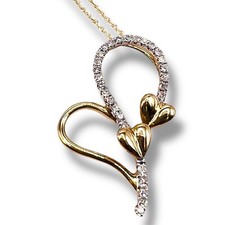 10k Yellow Gold Diamond Triple Heart Designer Drop Pendant Necklace 18"