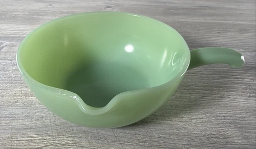 Vtg Fire King Oven Ware Green Jadeite Glass Skillet Soup Bowl Spout & Handle USA