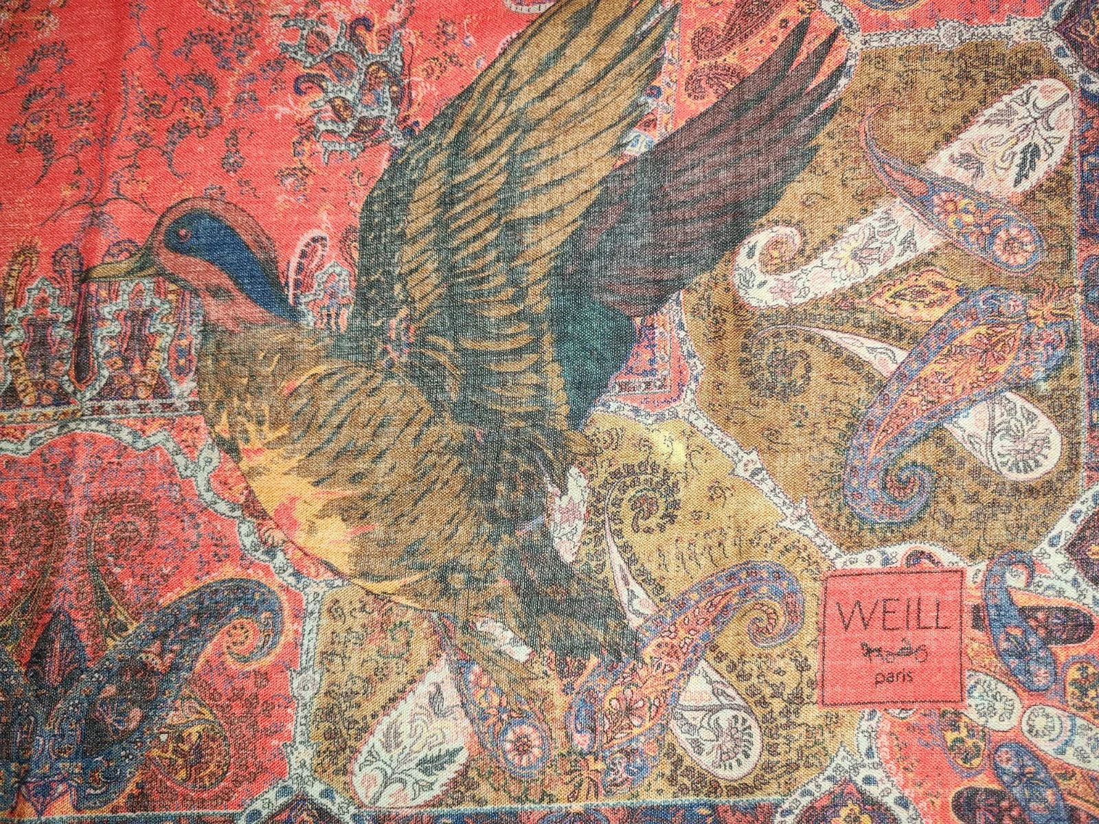 Vtg Weill Paris red wool square scarf, ducks in flight & paisley pattern, 70"