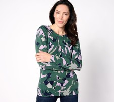 Susan Graver Women's Top Sweater Sz S Printed Crewneck Green A624323