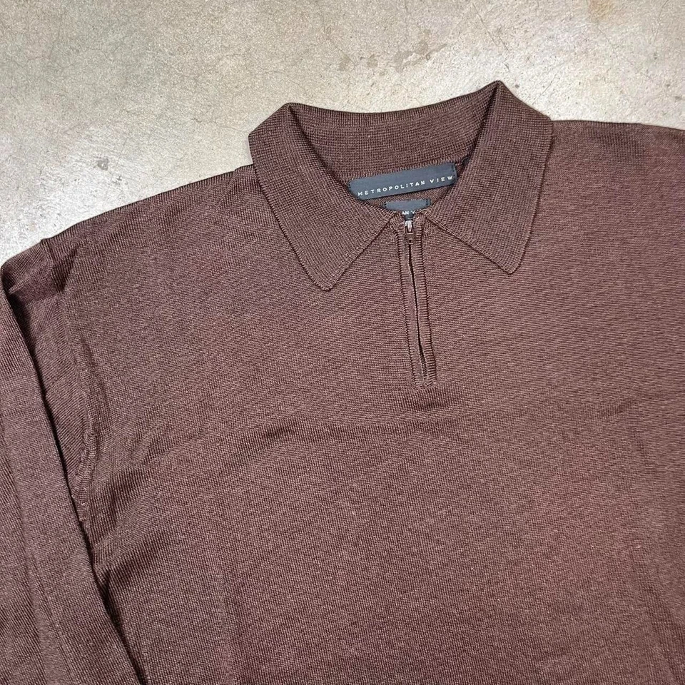 Vintage Brown Polo sweater Brown Mens Medium 1/4 Zip Wool Silk Blend long sleeve - Image 2 of 4