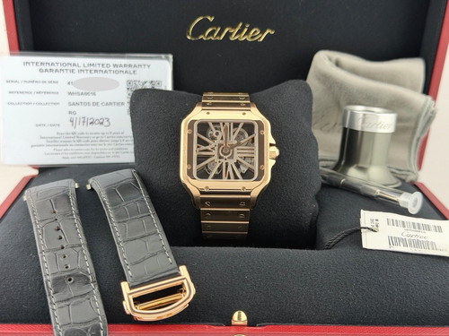 Cartier Santos Skeleton Dial Gold Large WHSA0016 4110 18k Rose...