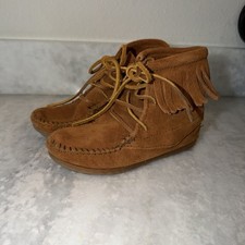 Minnetonka Kids Brown Suede Fringe Lace Up Moccasin Ankle Boots Size 11 2422