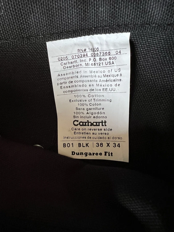 Pantalones de Trabajo Carhartt BO1 NEGRO Pato Doble Rodilla Peto Unión EE. UU. Ajuste 38x34 Foto 3 de 4