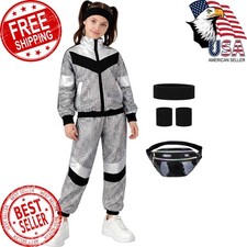 TIMSOPHIA Kids 80s Tracksuit Hip Hop Costume, Silvery 7-8 Years