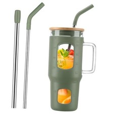 Glass Tumbler with Lid, 32 oz Glass Cup with Handle, Glass 32 Ounces Olive
