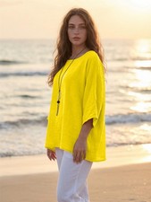 Women's Italian Plain Lagenlook 3/4 Sleeve Loose Fit Ladies Necklace Tunic Top