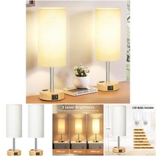 2 Dimmable USB/C Table Lamps, AC Outlet, Wood Base, Bulbs Included