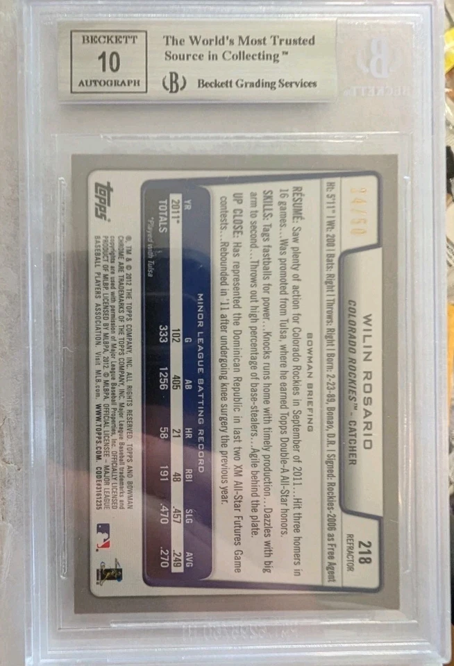Bowman 2012 cromo #218 Wilin Rosario radiocontrol automático/50 BGS 9 W 10 sig refractor de oro Foto 2 de 4