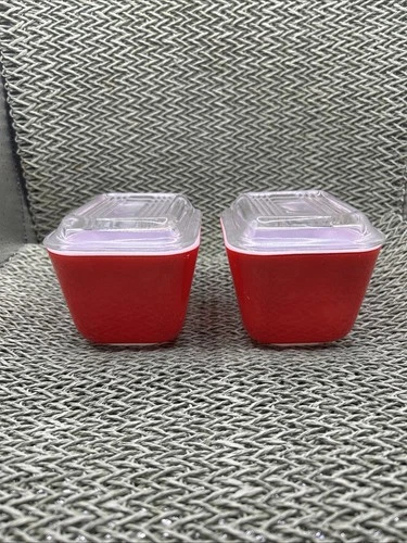 Pyrex Refrigerator Dish Red with Clear Glass Lid Set of 2 Vtg Mid Century