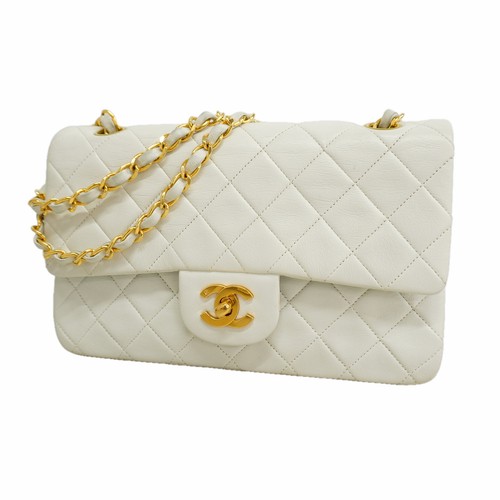 Auth [6ie7278] CHANEL Shoulder Bag Matrasse W flap WChain Lambskin White Gol...