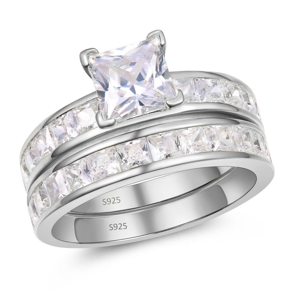 14k White Gold Sterling Princess Diamond cut Engagement Ring Wedding ...