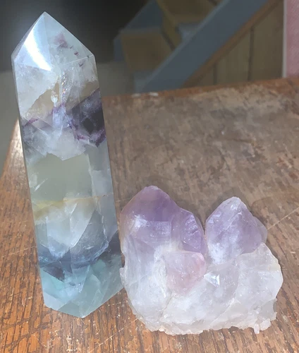 Healing Crystal Lot- Rainbow Fluorite Tower, Natural Amethyst Cluster