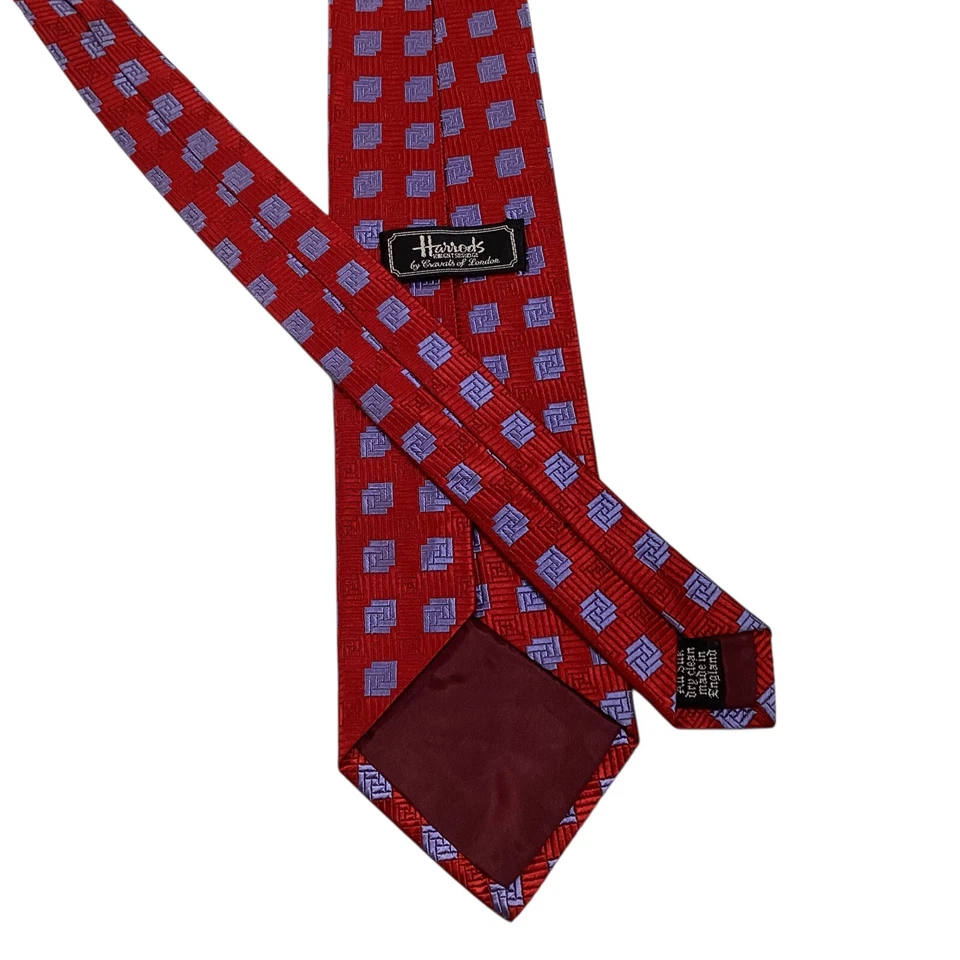 Corbata de seda para hombre HARRODS KNIGHTSBRIDGE INGLATERRA diseñador geométrico rojo/azul usada en excelente estado Foto 3 de 3
