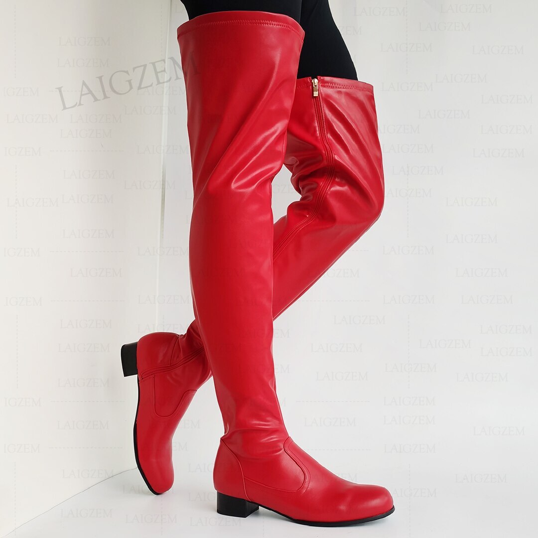Women Over Knee High Boots Round Toe Full Side Zipper Low Heels