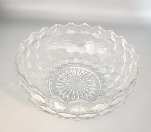 MCM American Fostoria Glass Bowl 8" Cube Pattern Scalloped Edge EUC Round VTG